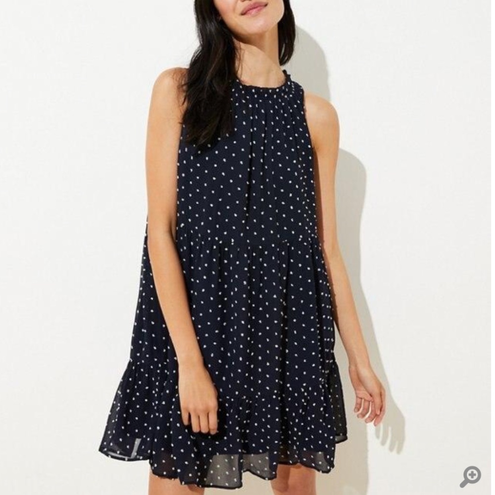 PETITE DOTTED TIERED SWING DRESS IN FOREVER NAVY